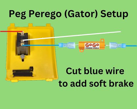 Voltage Display Kit For Kids Ride On Cars setup instructions with brake wiring, yellow Peg Perego, green background