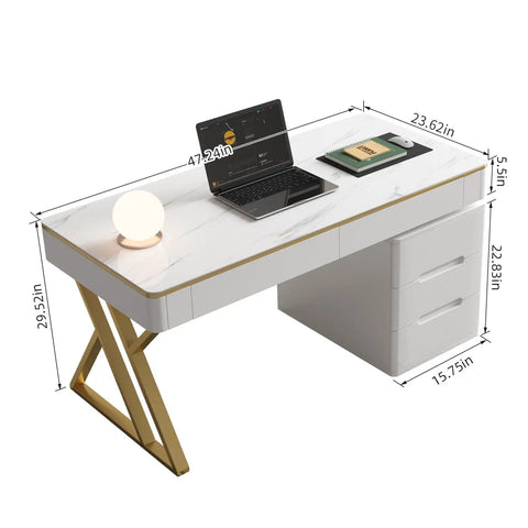 Dope White Executive Desk With Deep Drawers And Usb Charging Station, 47 Inch Modern Office Workstation with marble top and lamp.