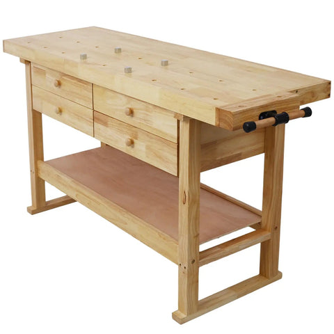 Beefy Heavy Duty Wooden Workbench With Four Drawers And Rubber Wood Top, 60 Inch Garage Shop Table, sturdy and spacious.