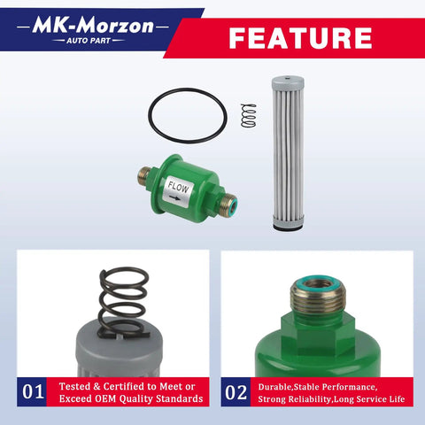 Components of the Beefed Up Transmission Oil Filter Kit for John Deere Lawn Tractors, including filter, spring, and seal ring