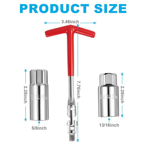 Three Piece Spark Plug Socket Wrench Set With T Handle Five Eighths Inch And Thirteen Sixteenths Inch Sockets product size dimensions