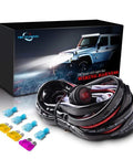 LED Light Bar Wiring Harness With Waterproof On Off Toggle Switch, 40A Relay, 180W Load Capacity in front of product box with jeep image