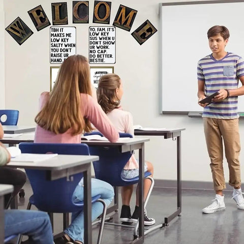 Its Low Key Sus When U Dont Show Ur Work Tin Sign in classroom with teacher and students, greyish-white, 8x12 inch