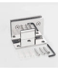 Premium Stainless Steel 304 Wall Mount Glass Shower Hinges For Frameless Bathroom Doors showcasing the hinge, screws, and installation tools.
