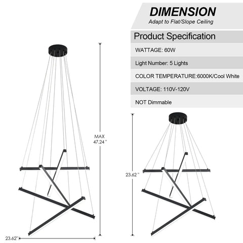 Diagram of Sleek Modern LED Chandelier With 5 Lights Black Linear Pendant Ceiling Light For Dining Room Living Room And Kitchen Island Adjustable Mount 6000K Daylight 60W 23.62 Inch showing dimensions and specs