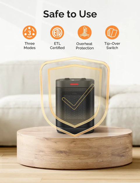 Powerful 1500W Portable Ceramic Space Heater With Thermostat showcasing safety features like overheat and tip-over protection.