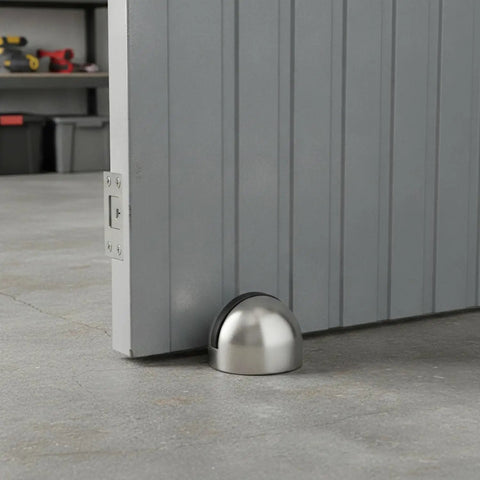 Heavy 2.2 Lb Stainless Steel Door Stop Wedge With Brushed Finish Floor Holder for hardwood and tile under gray door