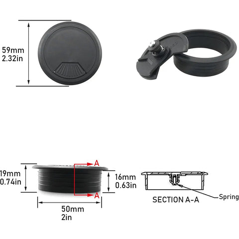 Four Piece Black Desk Grommet Covers Deliver Zero Stress Cable Control With Slick Adjustable Fit Top Shelf Abs Build Seals Openings Securely Keeps Your Computer Desk Looking Slick And Spotless dimensions showing 50mm size in black plastic with visible opening.
