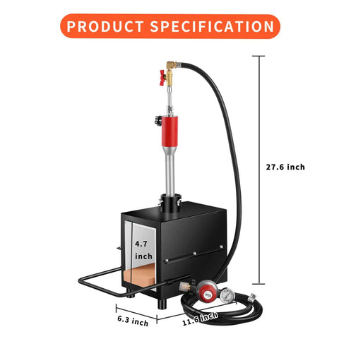 Portable Propane Forge For Blacksmithing And Knife Making, Next Gen Heat Insulation, dimensions view with hose and gauge.