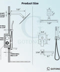 Diagram of Matte Black Shower System With Tub Spout, Wall Mounted Rain Shower Head And Handle, 8 Inch Brass Faucet Set detailing measurements.