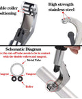 High Precision Bicycle Pipe Cutter For MTB Fork Tubes And Road Bike Steerer Handlebar And Seatpost Durable Alloy Blade Cuts 6 To 42mm OD Aluminum Or Steel Tubes Heavy Duty Repair Tool For Cyclists, showing double roller positioning and high-strength stainless steel, with schematic diagram of cutting mechanism.