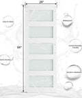 Glass Barn Door 28 x 84 In With 5 Ft Sliding Hardware Kit And Handle, Pre-Drilled Ready To Assemble, Waterproof PVC Coating, White, 5 Panel Frosted And Clear Glass