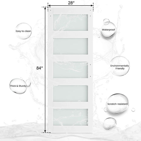 Glass Barn Door 28 x 84 In With 5 Ft Sliding Hardware Kit And Handle, Pre-Drilled Ready To Assemble, Waterproof PVC Coating, White, 5 Panel Frosted And Clear Glass
