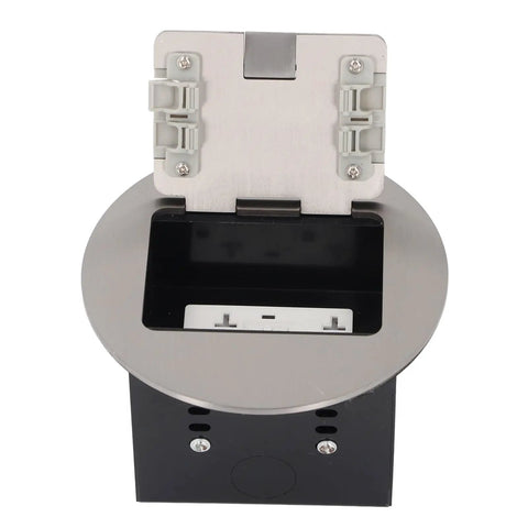 Heavy Duty Recessed Floor Outlet With Dual 3 Prong Sockets Clean Look Stainless Steel Flush Mount Power Box top view with open lid