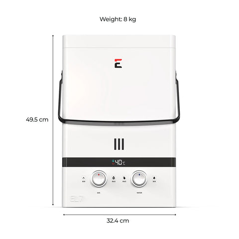 Portable Outdoor Tankless Water Heater Crushes Cold Water Blues With 7 Liters Per Minute Flow and Heavy Duty 52500 Btu Specs.