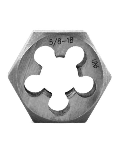Five Eighths By Eighteen UNF Hex Die For Thread Repair In Carbon Steel, hexagonal metal die with labeled size and UNF