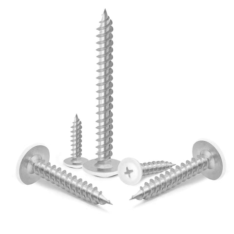 Tough As Nails Number 8 X One Half Inch Truss Head Self Tapping Wood Screws White Carbon Steel Fasteners in various sizes.