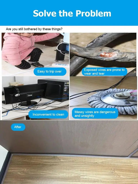Before and after aluminum cable raceway self adhesive floor wire covers cord management kit for home office and living room gray 15mm durable easy to install neat and slick cable organization for modern spaces.