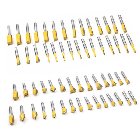 Deadly Sharp 100 Piece 1/4 Inch Shank Router Bit Set Tungsten Carbide Woodworking Milling Cutters arranged on a white background.