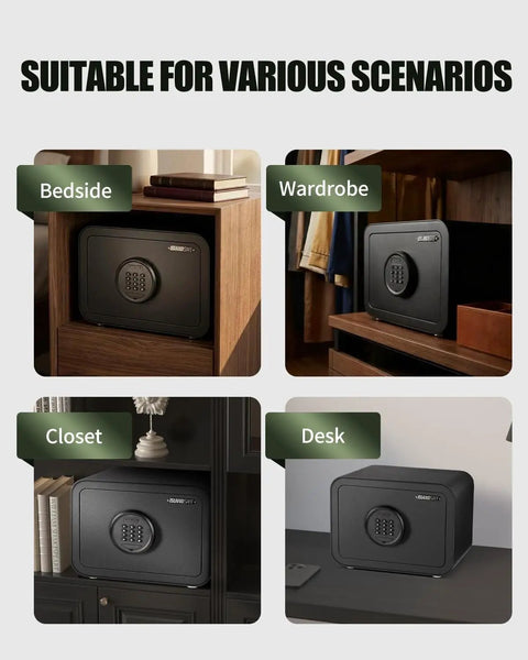 Heavy Duty Solid Steel Digital Safe With Keypad One Cubic Foot Personal Security Lock Box for Money Jewelry Valuables Ideal for Home Office Dorm and Hotel Black placed in various locations like bedside, wardrobe, closet, desk.