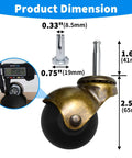 Brass Vintage Ball Caster Wheels 2 Inch Heavy Duty TPR Casters with grip neck, product dimensions and detailed measurements shown