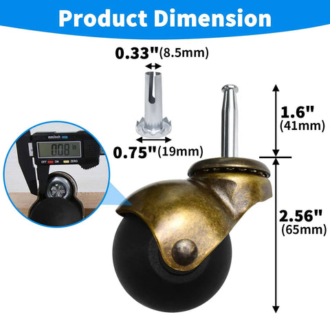 Brass Vintage Ball Caster Wheels 2 Inch Heavy Duty TPR Casters with grip neck, product dimensions and detailed measurements shown