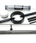 Universal Inverted Fork Service Tool Kit with Spring Compressor, bleed tool, hex tools, oil gauge, seal grease in view.
