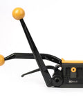 Hefty No Fuss Sealless Steel Strapping Tool And 3 In 1 Manual Metal Banding Machine with yellow grips and black body.