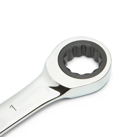Close-up of 12-point head from 30 Piece 12 Point Ratcheting Wrench Set SAE And Metric 1/4 To 1 Inch And 8-24 mm with chrome finish.