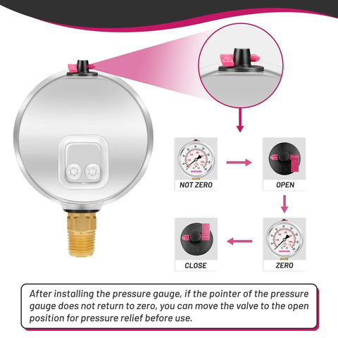 Glycerin Filled Pressure Gauge For Gas And Liquid Pressure 0 To 160 Psi Two And A Half Inch Dial Stainless Steel Case With Vent Valve One Quarter Inch NPT Lower Mount Built To Last Workhorse Grade With Shock Resistant Performance front view with valve adjustment instruction