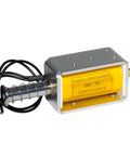 Push Pull Solenoid 35mm Stroke DC 24V Linear Actuator with wired plug, metal casing, yellow label, side view.