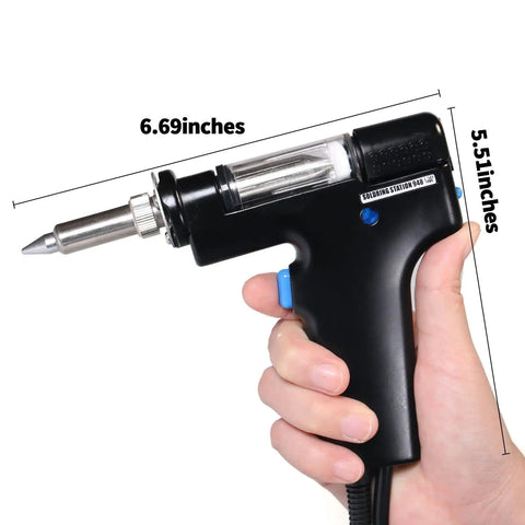 Replacement Desoldering Gun Handpiece For 948 And 948-II Soldering Stations, shown held in hand with dimensions