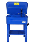 Heavy Duty 20 Gallon Parts Washer With 110V Electric Pump And Flexible Gooseneck Spray Wand, blue tub on a stand open with spray wand visible.
