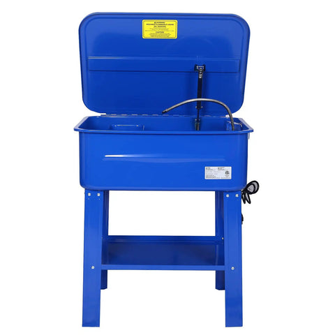 Heavy Duty 20 Gallon Parts Washer With 110V Electric Pump And Flexible Gooseneck Spray Wand, blue tub on a stand open with spray wand visible.
