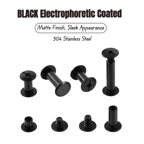 Heavy Duty Black Chicago Screws Kit For Leather Crafts, 115 Piece Set With 304 Stainless Steel Rivets, Includes Hole Punch And Screwdriver, Knockout Gear For Weekend DIY Warriors And Serious Hobbyists: black stainless steel screws with matte finish.