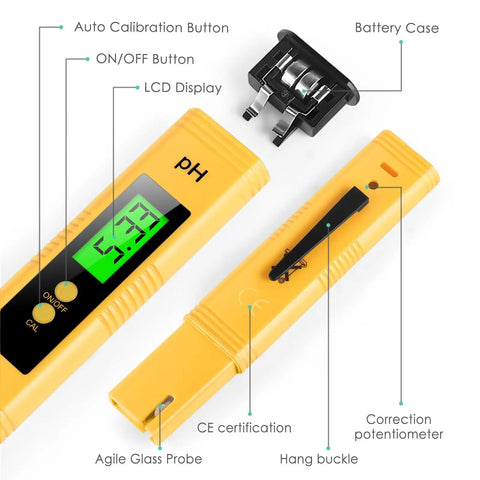 Digital Water PH Tester With 0.01 Accuracy And 0 To 14 PH Range For Hydroponics Drinking Water Pools Aquariums And Home Labs Easy To Use With Bright LED Backlit Display, showing LCD and removable parts.