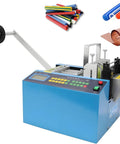 High Performance Automatic Heat Shrink Tube Cutter Machine For Cable And Pipe Cutting With Digital Display Precision Control Wide 100mm Width Range Durable White Steel Welding Knife Built To Handle Thick Fiberglass Tubes And Wiring Projects With Ease, showing blue device and various colored tubes.