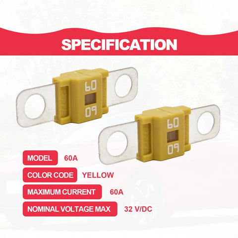 Pack Of 3 Heavy Duty 60 Amp Midi Fuses High Current Bolt On Swap For Cars Trucks Construction Gear Golf Carts Tough As Nails Zinc Terminals Heat Resistant No Sweat Install Rock Solid Reliability with yellow casing and clear glass.