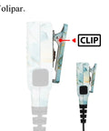Clip detail of Shoulder Speaker Microphone With 3.5mm Jack For Motorola Radios, shown in white and teal pattern.