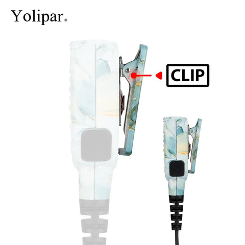 Clip detail of Shoulder Speaker Microphone With 3.5mm Jack For Motorola Radios, shown in white and teal pattern.