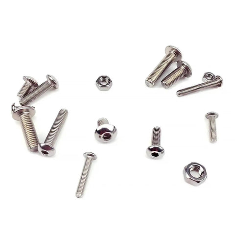 Grab This Pro Grade Hex Head Screw And Nut Kit In 304 A2 Stainless Steel, 12 Sizes M3 M4 M5, scattered screws and nuts on white background