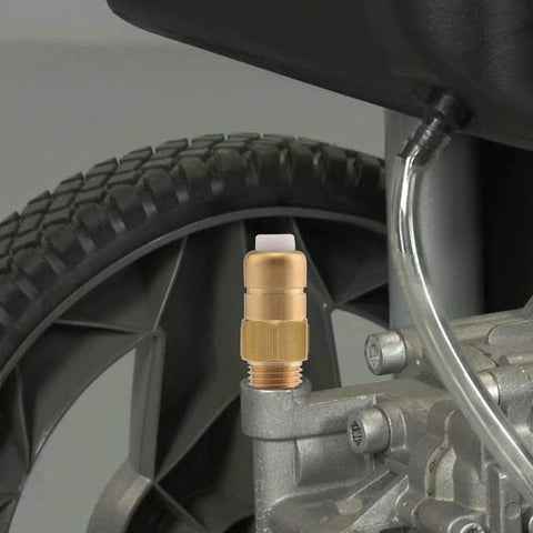 Brass release valve for pressure washer pump, 1/4 in NPT, installed on pump (close-up view)