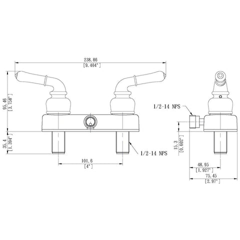 Technical drawing of RV And Mobile Road Trip Ready Shower Valve With Hand Held Shower Kit in Oil Rubbed Bronze Two Handle Wall Mount