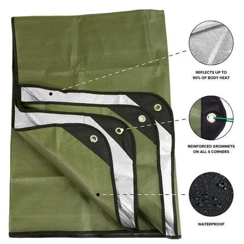 Insulated Tarp Survival Blanket For Camping And Emergency Prep Reusable Heavy Duty Thermal Shield 60x82 Inches Reflects 90 Percent Body Heat Waterproof And Windproof With 3 Layer Design And Reinforced Grommets Olive Green showing olive green tarp with reflective strips and reinforced grommets