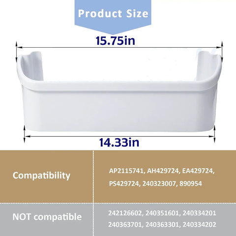 Two Pack Refrigerator Door Bin Shelves For Frigidaire And Electrolux, white replacement shelf dimensions, compatible models listed.