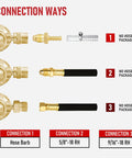 RX WELD argon regulator with three connection options; brass fittings and black hoses for MIG/TIG welding.