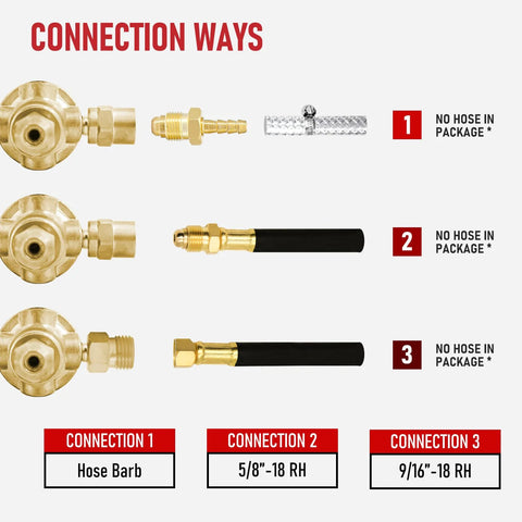 RX WELD argon regulator with three connection options; brass fittings and black hoses for MIG/TIG welding.