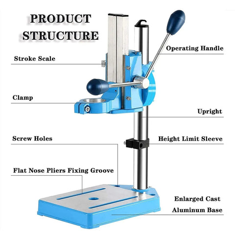 Heavy-Duty Drill Press Stand With 90 Degree Rotatable Base And 80mm Stroke For Precision Woodworking showing product structure and components.