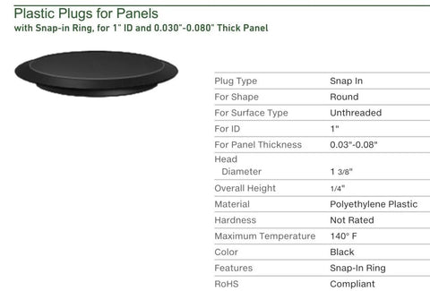 1 Inch Flush Mount Black Hole Plugs With Plastic And Metal Body Pack Of 10 for 1 Inch Holes in Panels and Machinery, Snap-in Ring