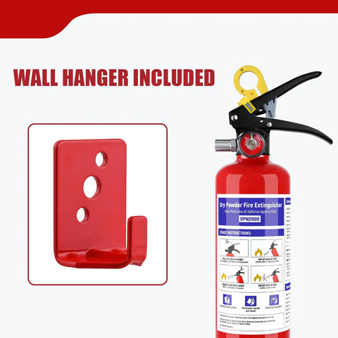 2.5 Lb ABC Dry Chemical Fire Extinguisher With Bracket And Quick Release Handle, viewed with red wall hanger for easy mounting.
